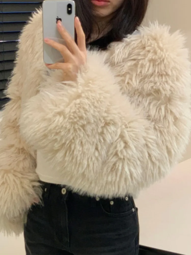 Ele ort Pure Color Fur Jaet Damski Luźny Rozpinany Kardigan Zimowy Płaszcz Koreańska Moda Miękki Materiał