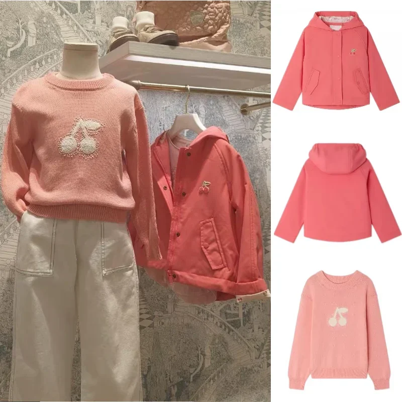 Children's Clothing Girls Hooded Trench Coat Winter New Cherry Embroidered Windproof Rainproof Jacket Wear Cotton Pink Sweater