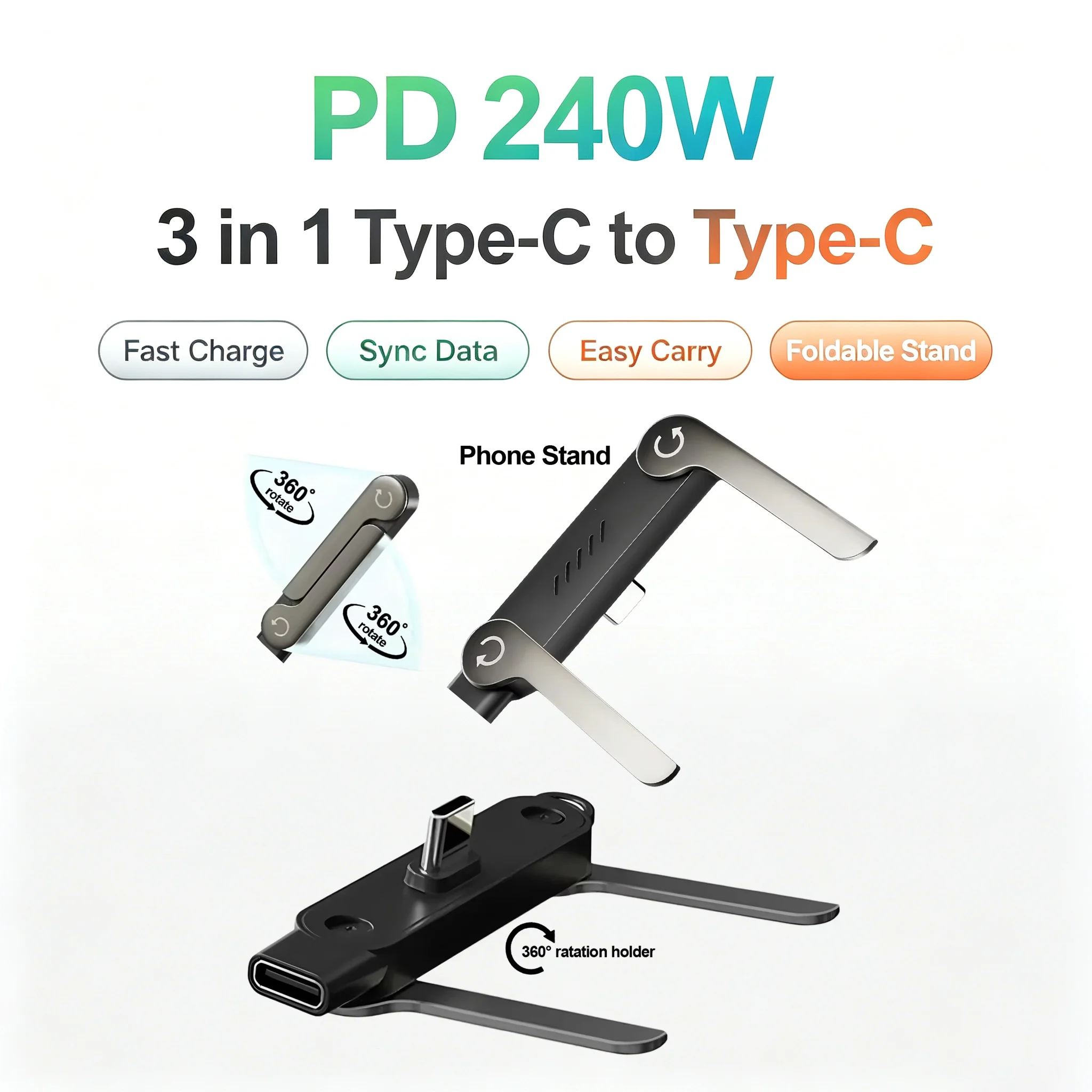 USB Type C Flat Charger Charging Cable C Kick Cable Stand With Invisible Support Foldable Phone Holder 240W Charge Wire Bracket