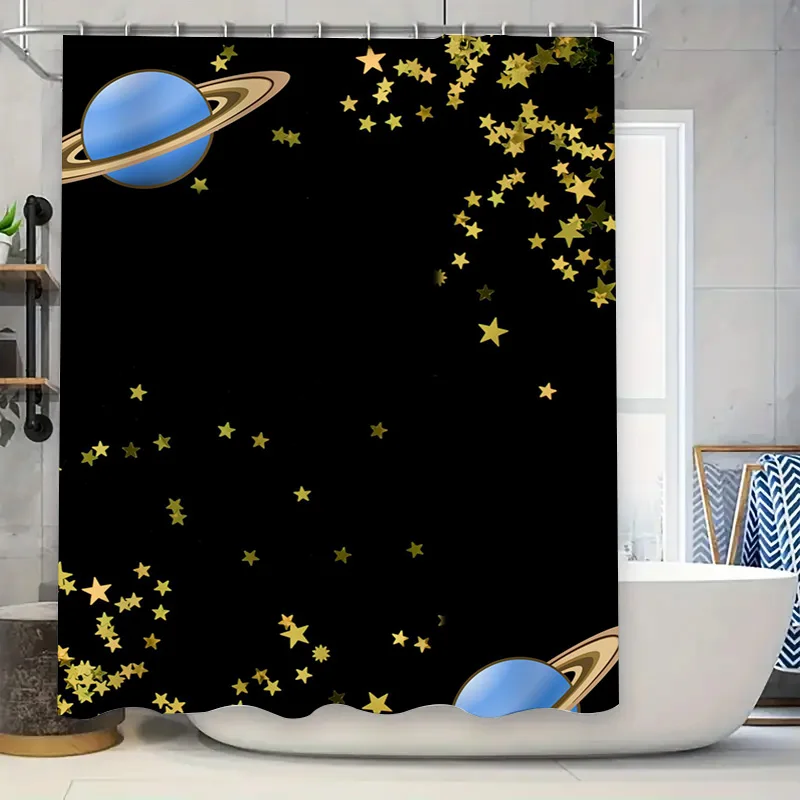 Space-themed Bathroom Decor: Blue Planet with Rings Shower Curtain featuring Gold Stars for a Cosmic Ambiance in Your Bathtub Ar
