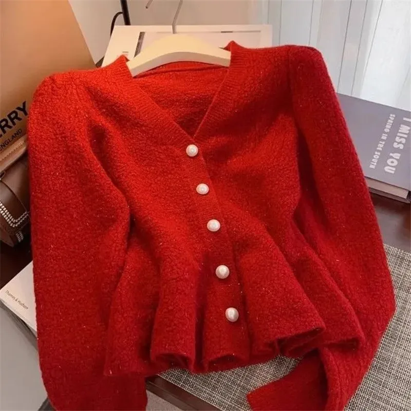

2025 Spring Autumn New Women's Temperament Waist Short Coat Knitted Cardigan Female Small Fragrance Ladies Red Sweater Jacket