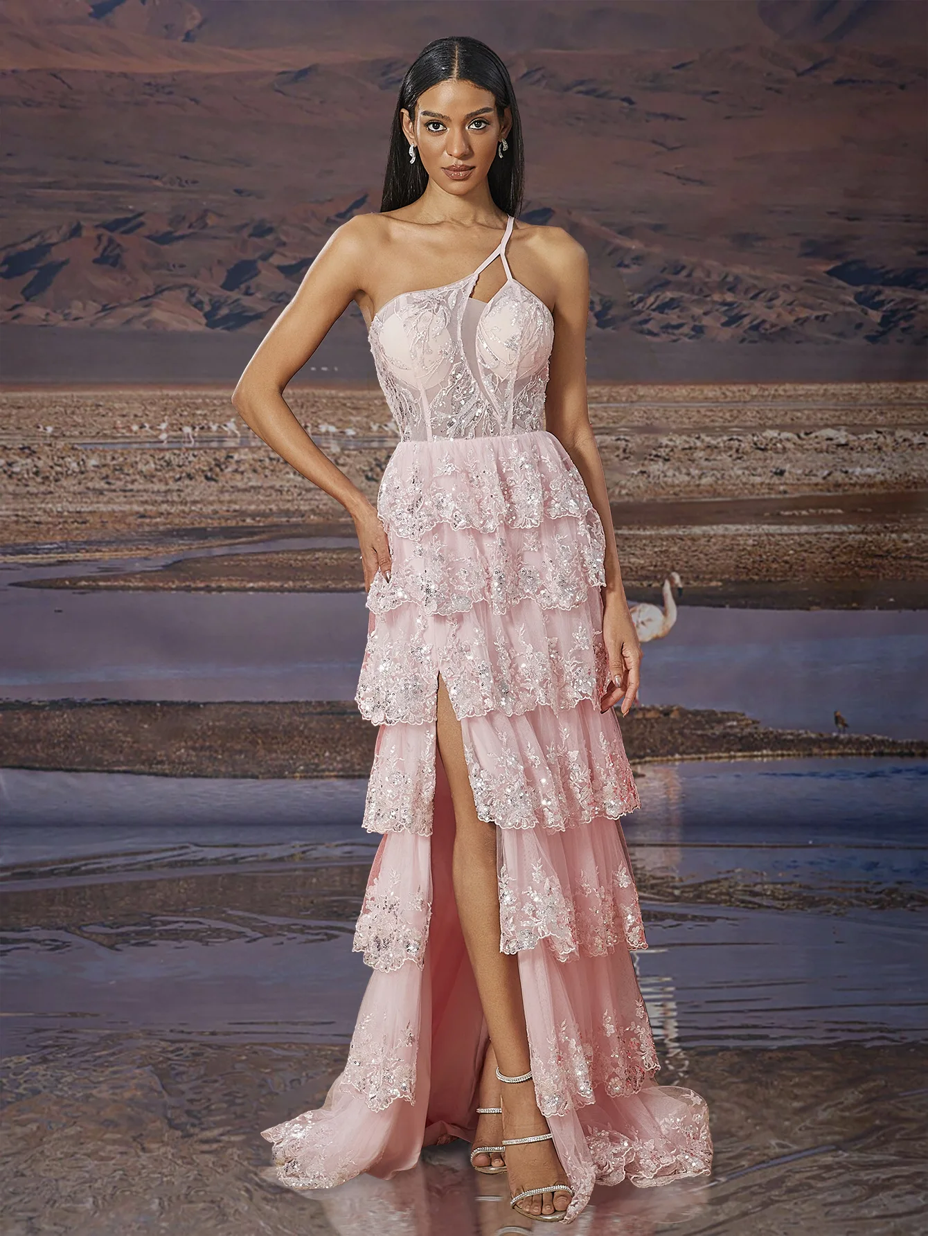 European and American Elegant Oblique Shoulder Cocktail Party Dinner Dress Luxury Split Bridesmaid Graduation Cake Dress Pink