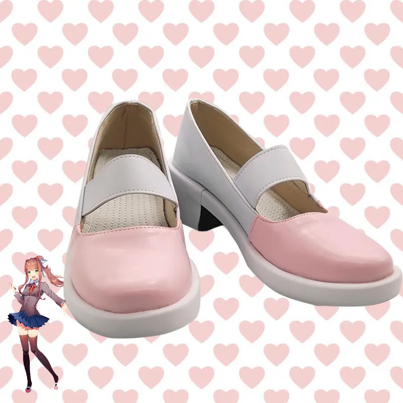 Anime Doki Doki Literature Club! Monika Cosplay Shoes Pink White Short PU Leather Boots For Halloween Carnival
