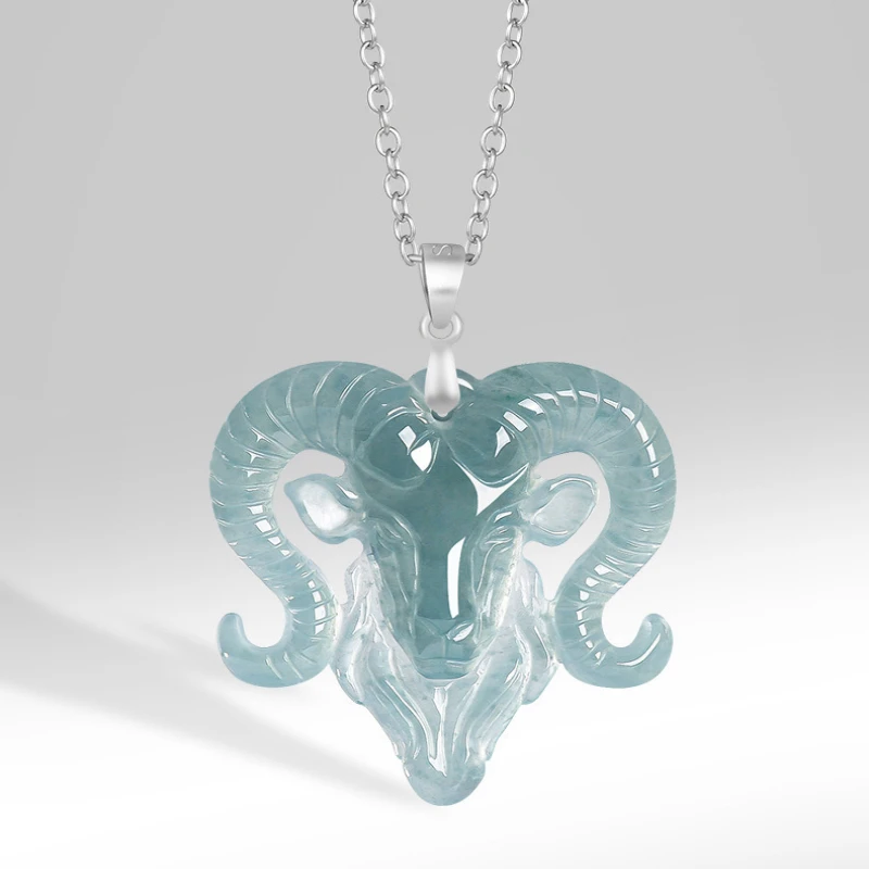 S925 Silver Buckle Inlaid Natural Jade Blue Water Zodiac Sheep Head Necklace Pendant Fashionable Men Women Couples Birthday Gift