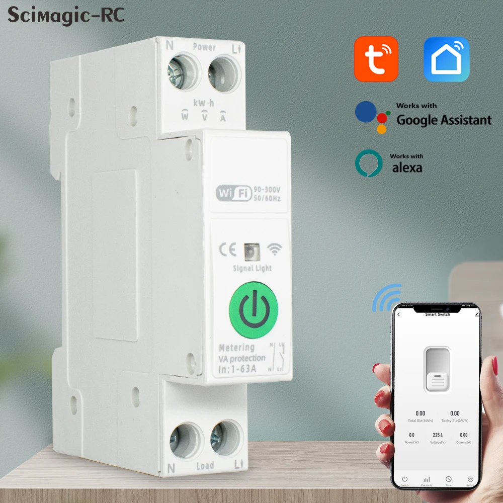 

TUYA WIFI Smart Circuit Breaker 1-63A 1P+N Kwh Metering Relay Voltage Current Protect Smart Voice Remote Control Switch