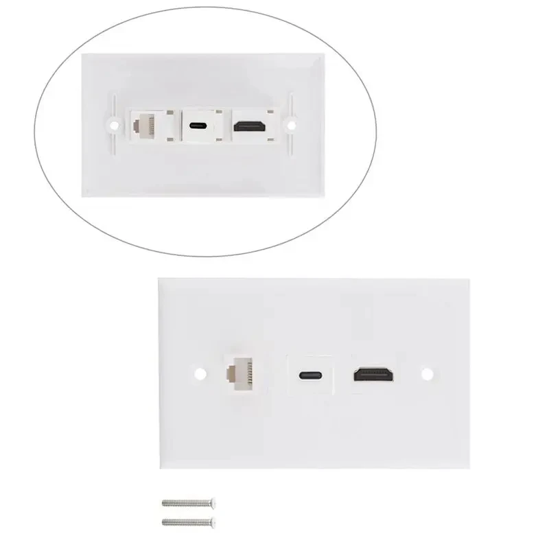 3-Port HDMI Compatible USB Type-C CAT6 High-Definition Data Solderless Socket Panel Multimedia Information Wall Plug