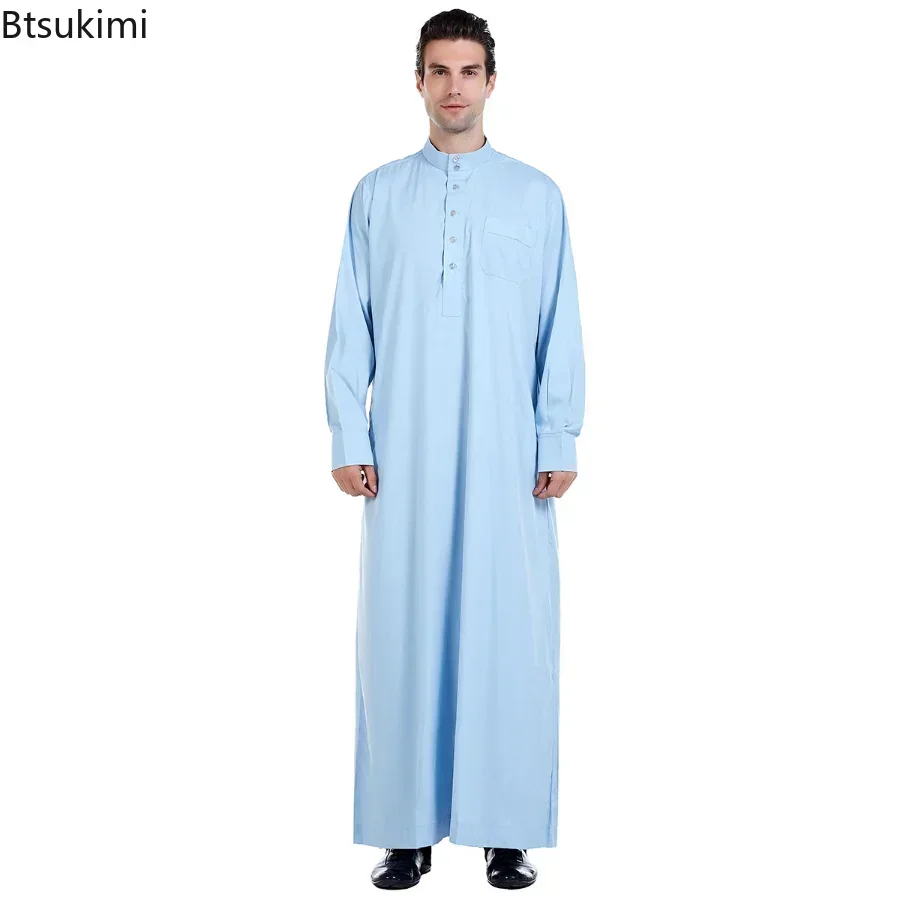 Bata Ramada de manga larga musulmana de Oriente Medio para hombre, caftán árabe con cuello redondo, caftán islámico de Color sólido Thawb, Abaya larga musulmana de Dubái