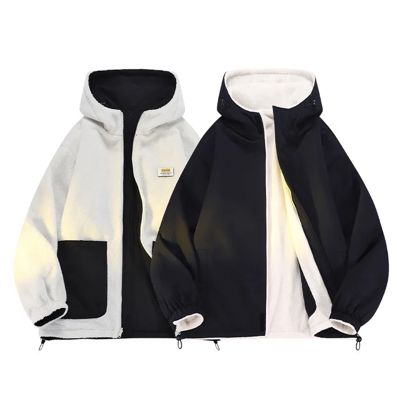 

Двусторонняя модная брендовая куртка премиум-класса с флисовой подкладкой, утепленная, с капюшоном, из овечьего вельвета, мужская, теплая, морозостойкая, хлопковая