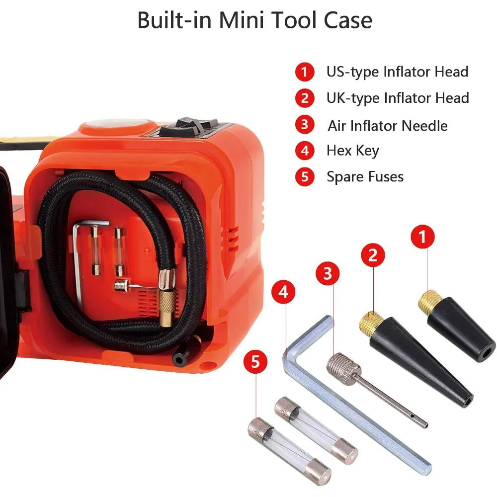 طقم جاك سيارة كهربائي 12 فولت بسعة 5 طن ومنفاخ لرفع السيارات وسيارات الدفع الرباعي وسيارات السيدان