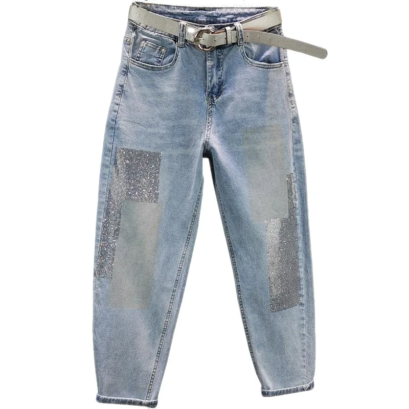 

Thin Hot Drilling Jeans For Women Spring Summer High Waist Loose Was Thin Nine Piont Denim Baggy Harem Pants 3xl q177