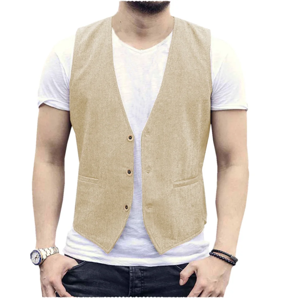 Picture 6: V Neck Men's Linen Vest Single Breasted Vintage Real Pocket Men's Summer Linen Waistcoat For Wedding