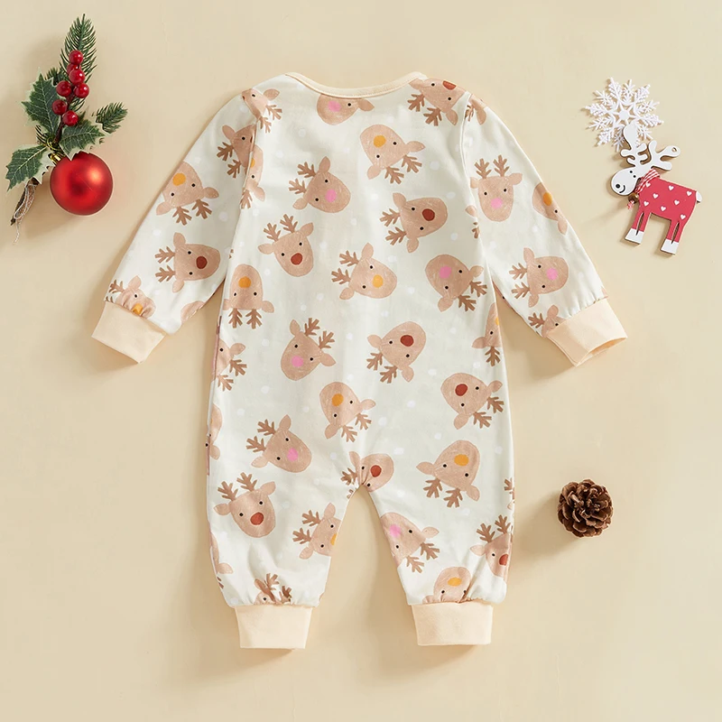 Baby Girls Christmas Jumpsuit Long Sleeve O Neck Oblique Zipper Elk Santa Claus Print Romper