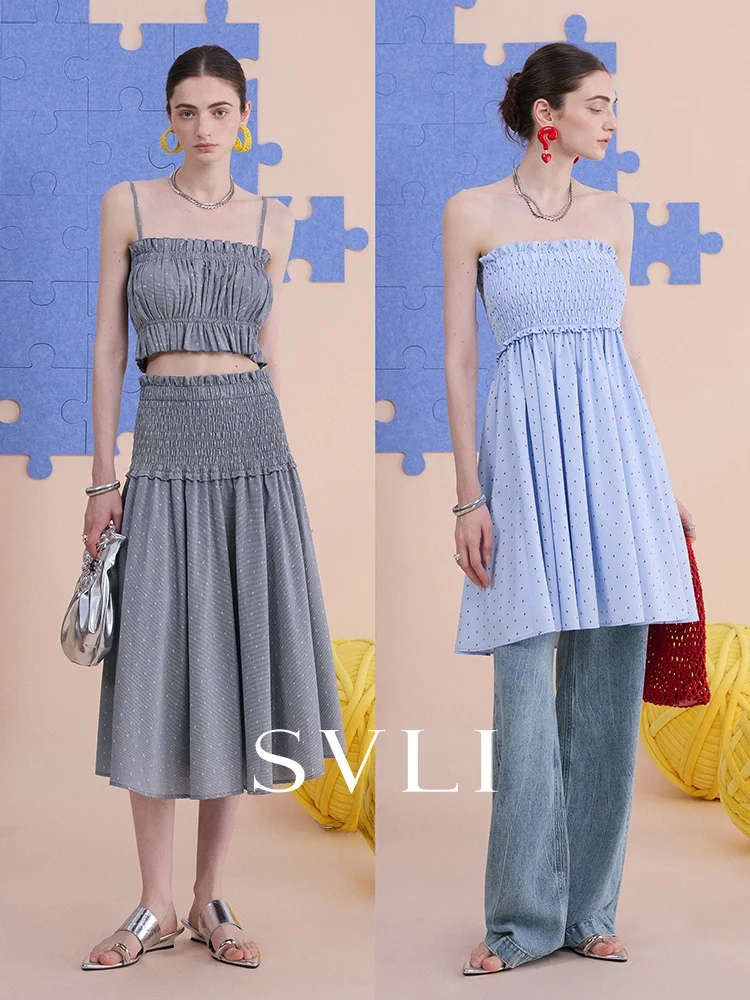 

SVLI Cotton Blouse with Dstring Strapl Top Two-Way Wear Elastic Skirt High Waist A-Line Casual Sle Handkerchief Hem