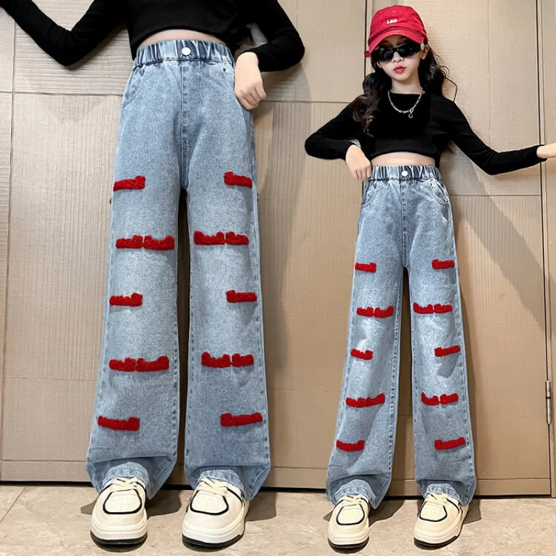 Girls Blue Denim Children's Relaxed Textured Touches Applique Straight-Leg Pants Spring Lightweight Bright Girls' Clothing