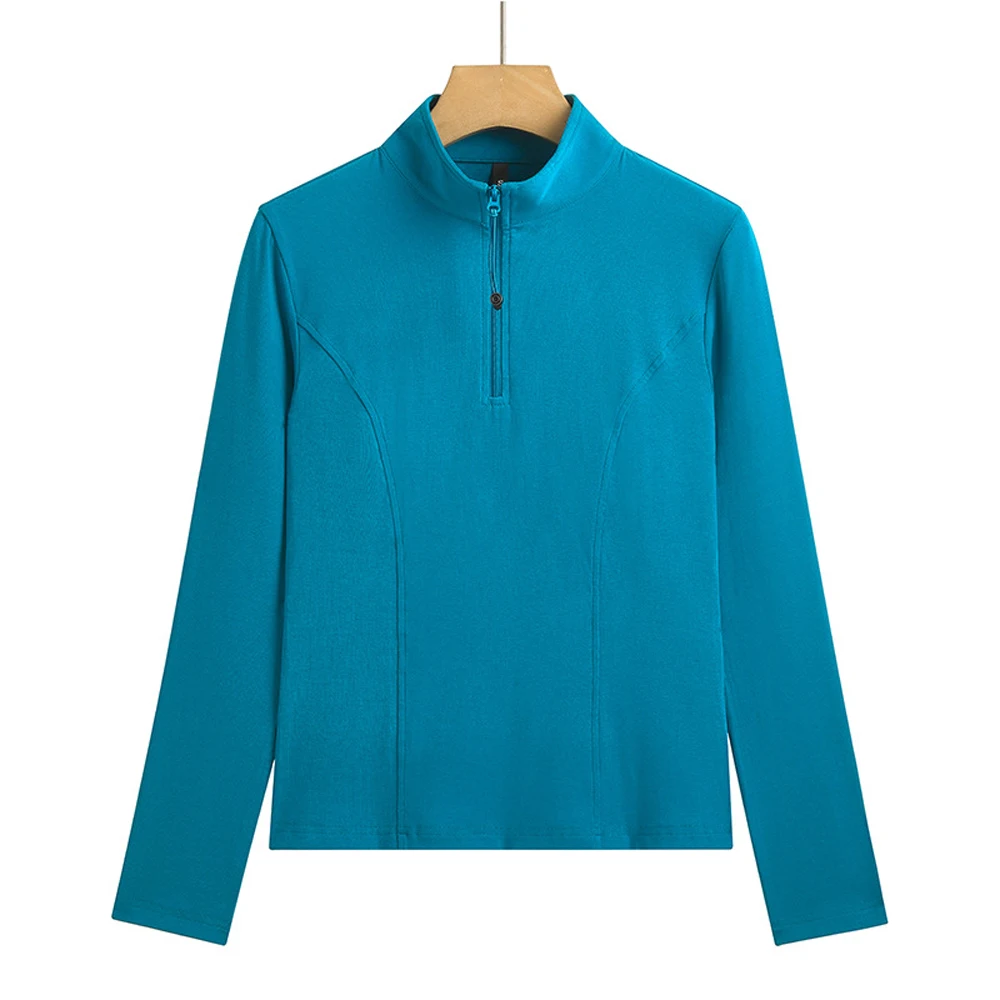 تي شيرت أزرق بأكمام طويلة على الطراز الكوري للنساء لخريف جديد من القطن الراقية بالإضافة إلى سحاب علوي غير رسمي برقبة عالية #6