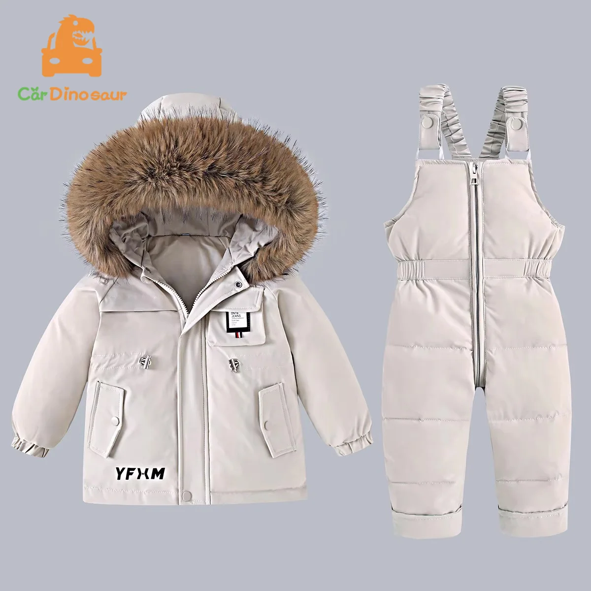 Winter Warm New Baby Snowsuit 2-6 Y Children Outdoor Thicken Fur Hooded Jacket+Overalls 2Pcs Duck Down Set For Kids Girls Boys