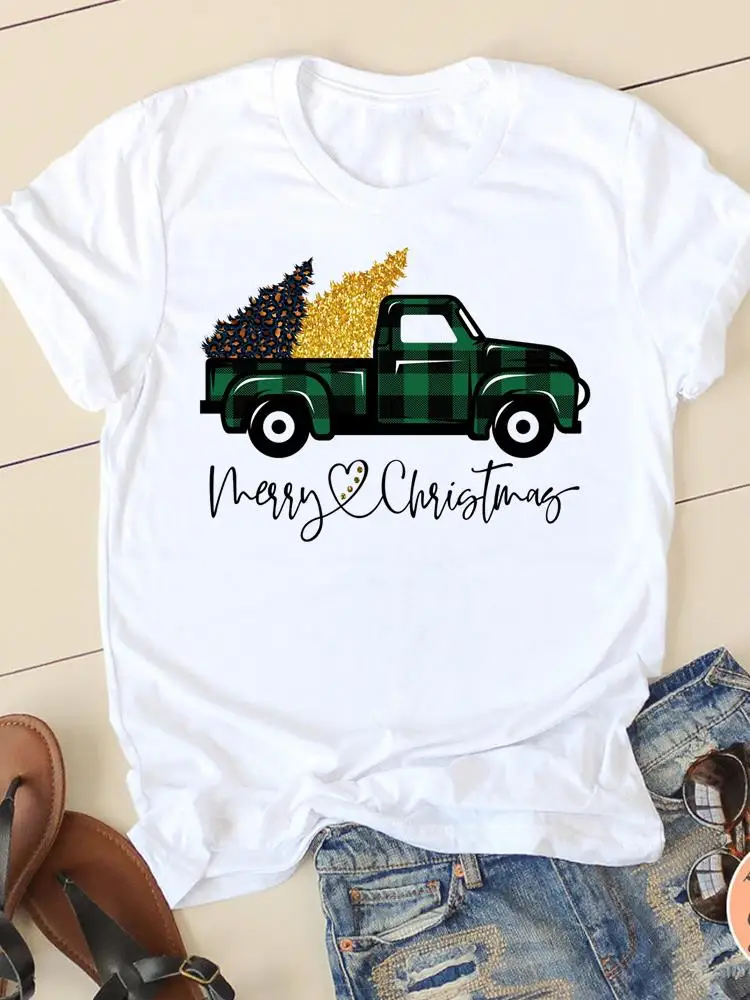 

Happy New Year Female Plaid Truck Style Cute Women Clothes Print O-neck Graphic T-shirt Christmas Lady Casual Fashion Shirt Tee