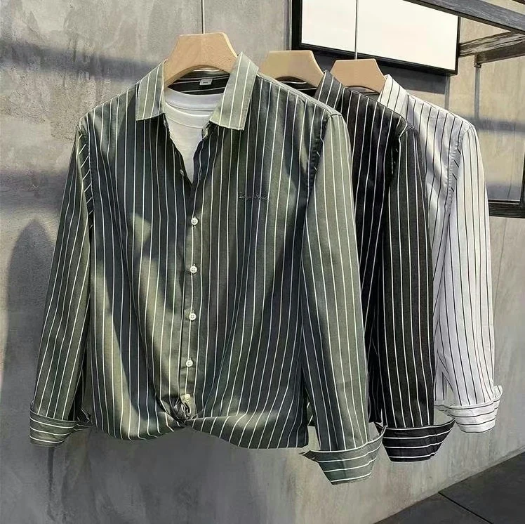 Men's Casual Ice Silk Embroidered Stripe Shirt Thin Long Sleeve Slim Fit Stand Collar Autumn Fashion Top Youth Popular Style