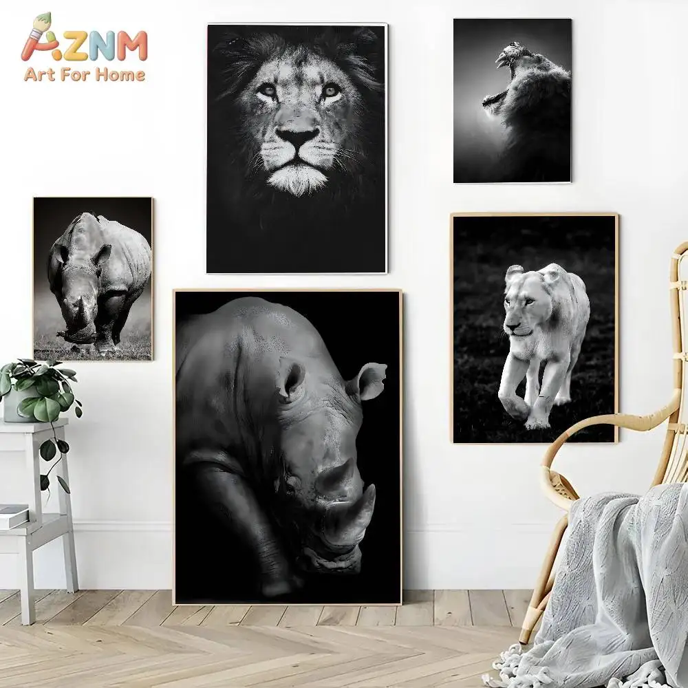 AZNM Black White Wild Animal Canvas Print Lion Tiger Rhino Zebra Giraffe African Wildlife Minimalist Living Room Wall Poster Unf