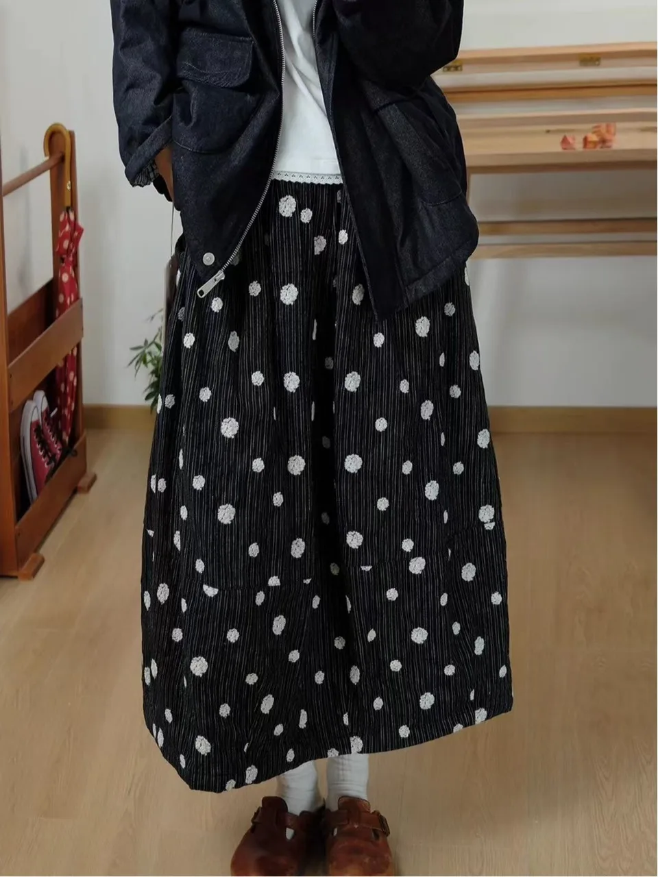 

Warm Cotton ter Ne Midi Skirt with Polka Dot Loose A-Line Design Ci Commute Suitable High Waist Cotton Blend Skirt