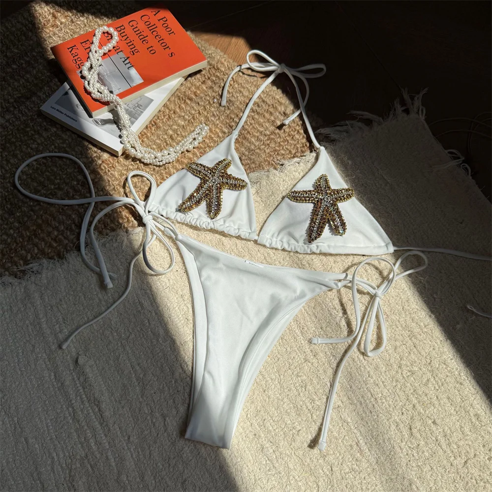 Biquíni de strass brilhante estrela do mar praia maiô corda rendas até roupa de banho feminina 2 peça praia biquinis roupa de férias