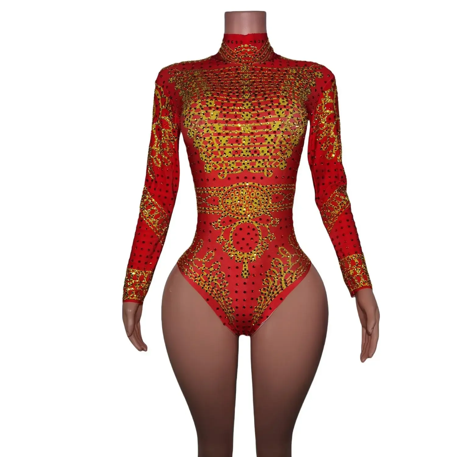 Sparkle Crystal Women Red Jumpsuit Party Prom Clothing Team Performance Costume Tight One Piece Bodysuit Fashion Sexy Stage Wear