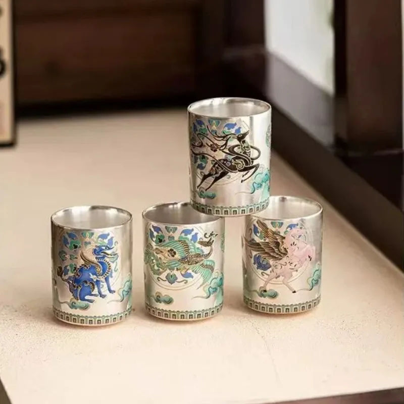 1PC 50ML Hand-painted 999 Silver KungFu TeaSet High-end Light Luxury Straight Teacup Household Ceramic TeaCup Coffeeware Teaware