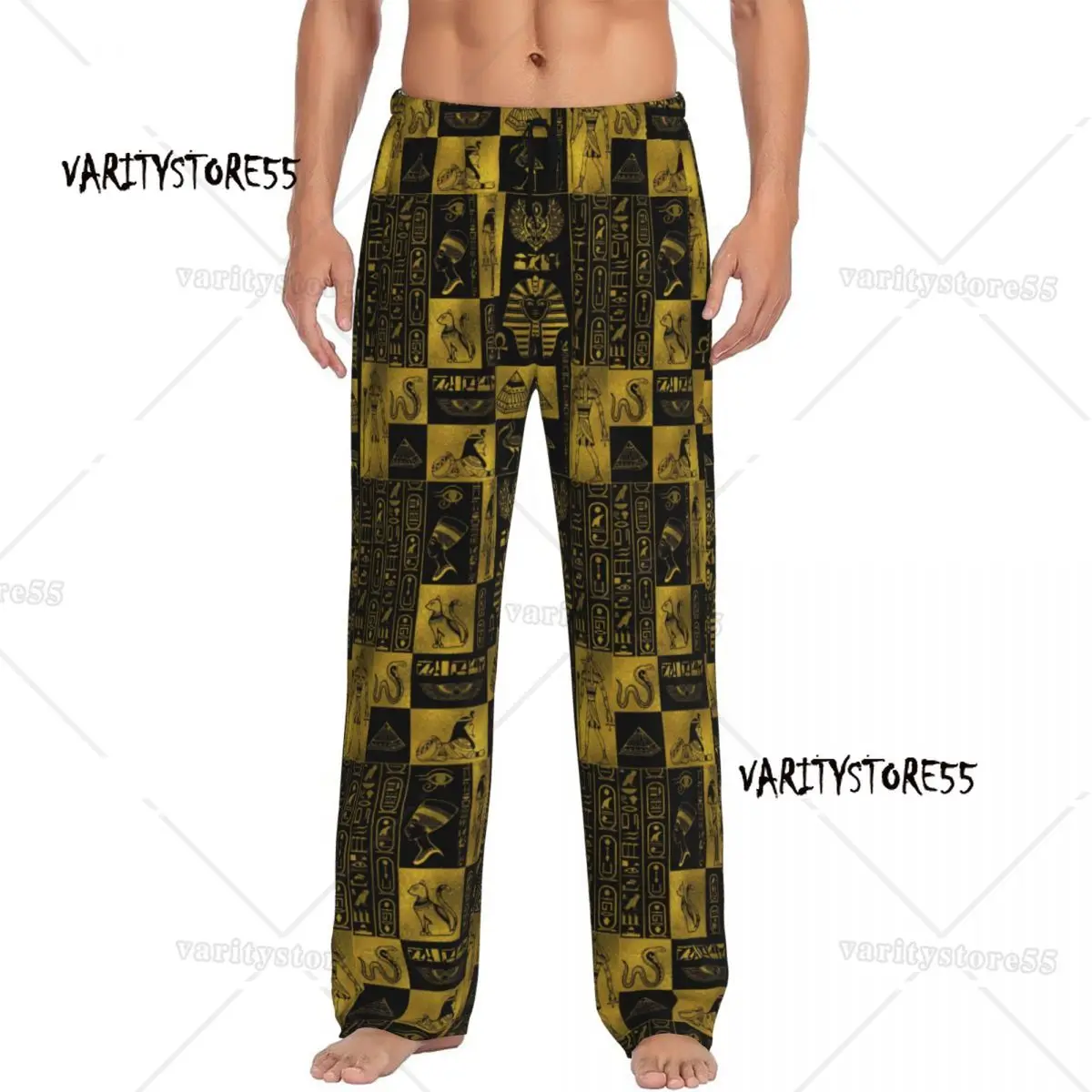 

Custom Egyptian Gold Hieroglyphs And Symbols Collage Pajama Pants for Men Egypt Hieroglyphic Lounge Sleep Drawstring Sleepwear