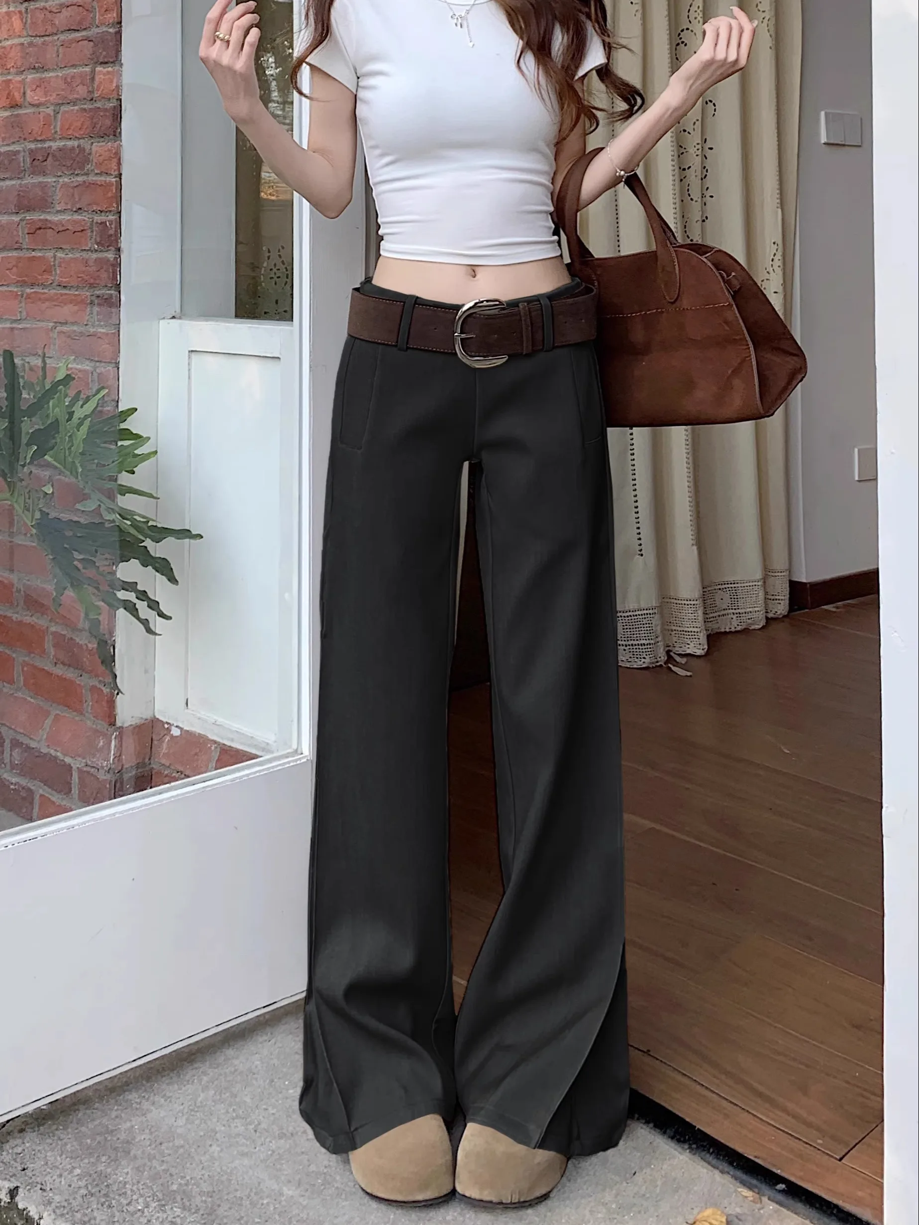 Low Waist Straight Leg Casual Pants Women's Summer Draping Versatile Loose Leg Floor Length Pants Pure Color Korean Style