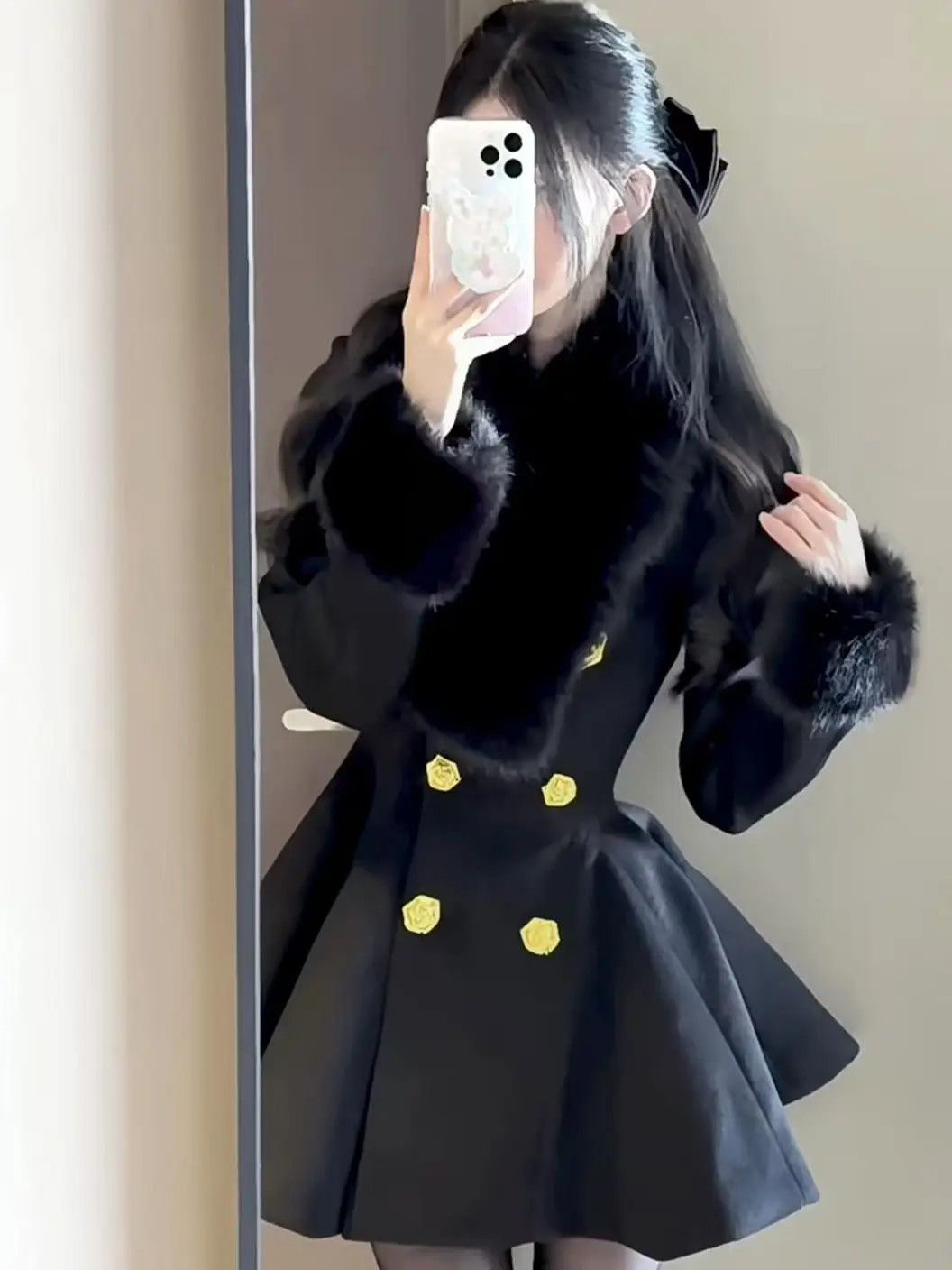 

Черное шерстяное пальто с плюшевой талией и двубортной пряжкой, женская зимняя куртка, лоскутный топ, Roupas Femininas Ropa