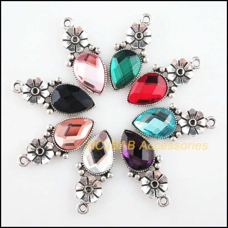 

8Pcs Tibetan Silver Plated Retro Rose Teardrop Mixed Crystal Charms Pendants 13x29mm