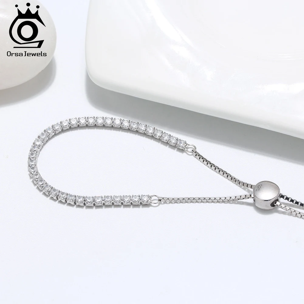 ORSA JEWELS 925 Sterling Silver Tennis Bracelets for Women AAA Cubic Zircon Clear Crystal Link Bracelet Silver Jewelry OSB43