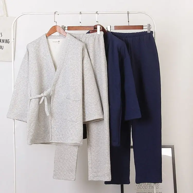 Thickened Air Cotton Kimono Style Sleepwear Home Clothes for Men And Women with Belt Three Layer Cotton Winter Pajamas