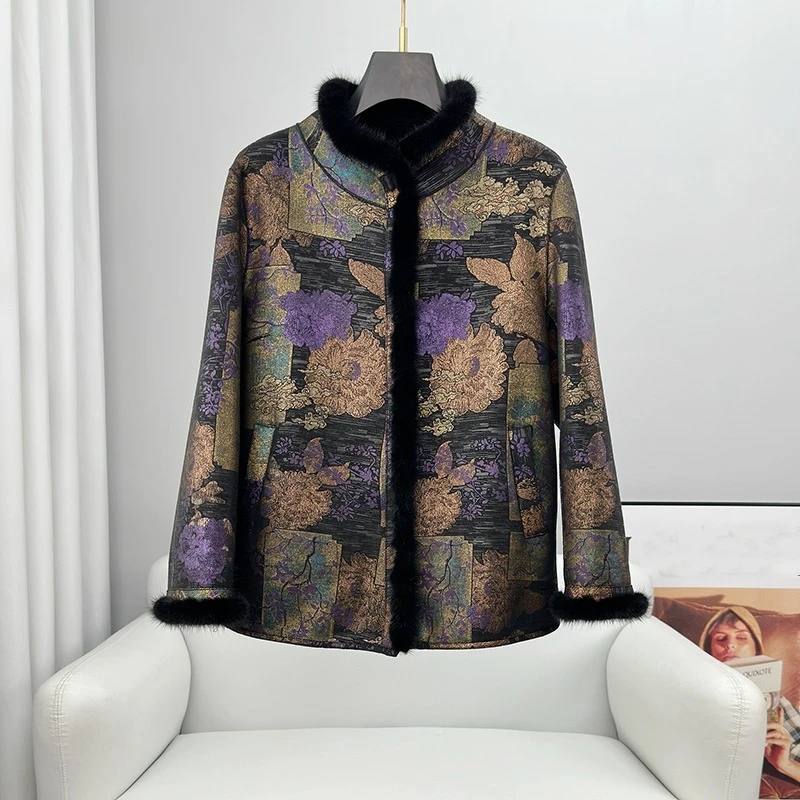 

PUDI 2024 Winter New Lady Sheep Shearling Coat Female Mink Hair Collar Middle-aged Print Jacket Outwear CT443