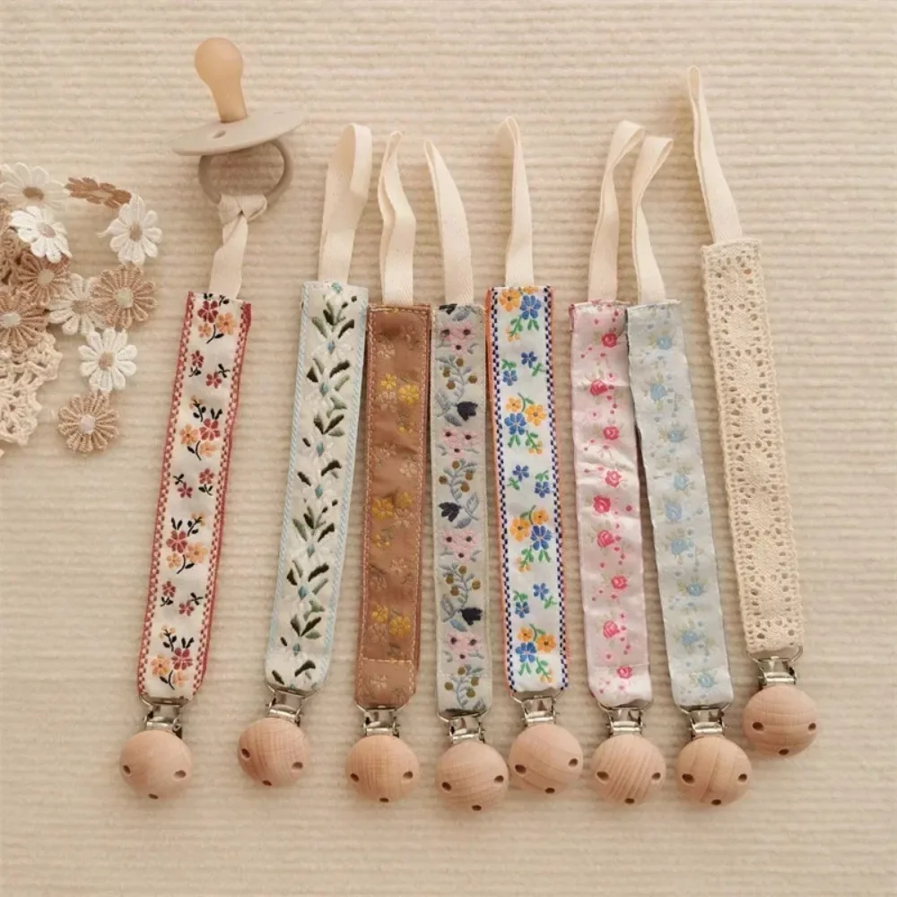 Baby Embroidery Lace Wood Pacifier Clip Chain Anti Drop Lanyard Teething Toy Holder Infant Daily Travel Anti Lost Accessories