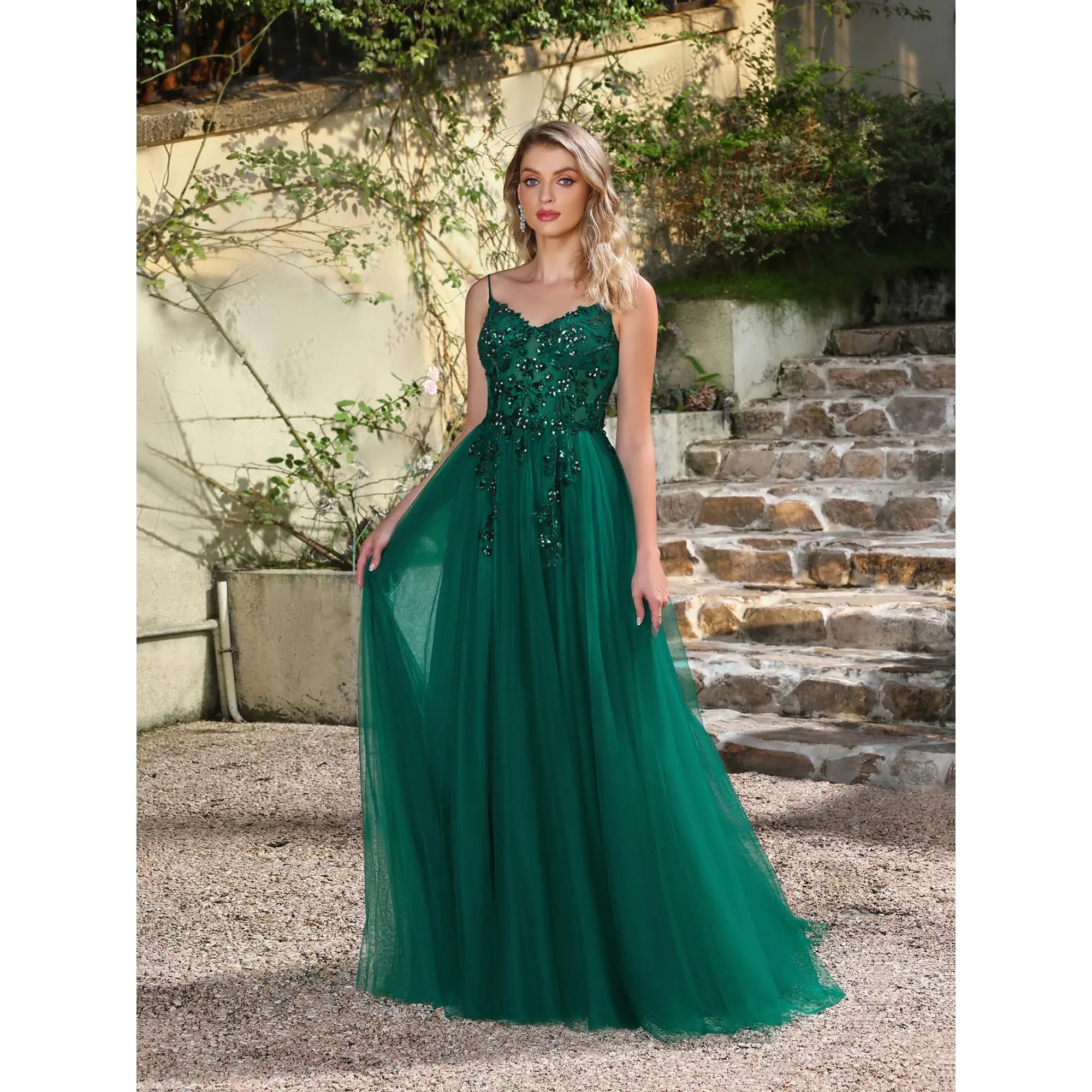 

Sexy Sequin Spaghetti Strap Sling Evening Dresses V-Neck Appliques Dress U-Backless Side-Split Floor-Length Prom Gown Dark Green