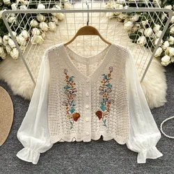 Vintage Embroidered Chic Hook Flower Hollow Out Sweet Spliced Casual Basics Top Bohemian Women Streetwear Autumn Knit Blouse