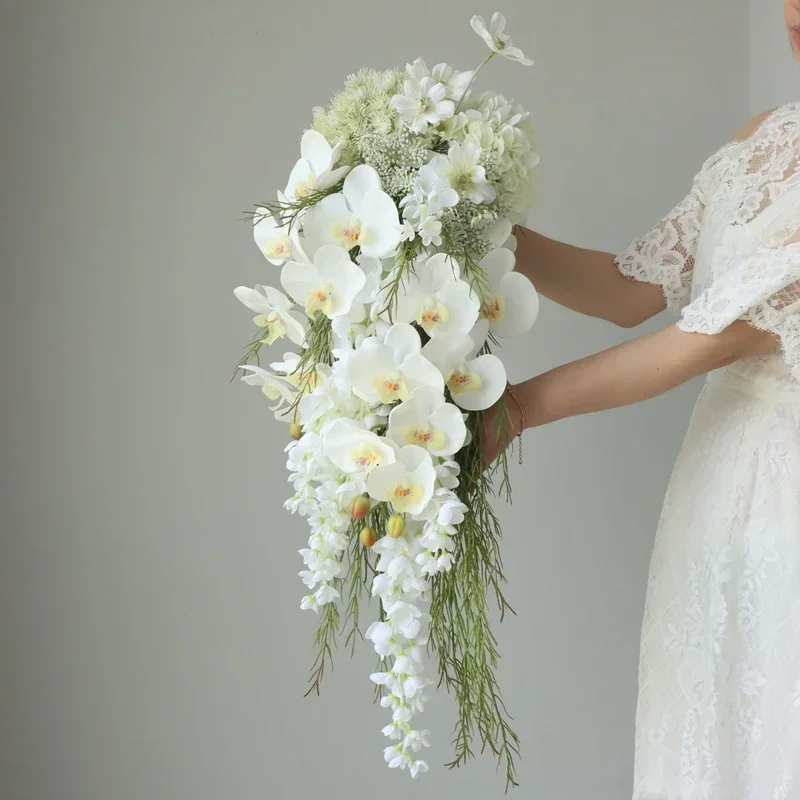 

Simulation flower bouquet finished product custom Phalaenopsis wedding photo props high-grade plastic waterfall fake bouquet