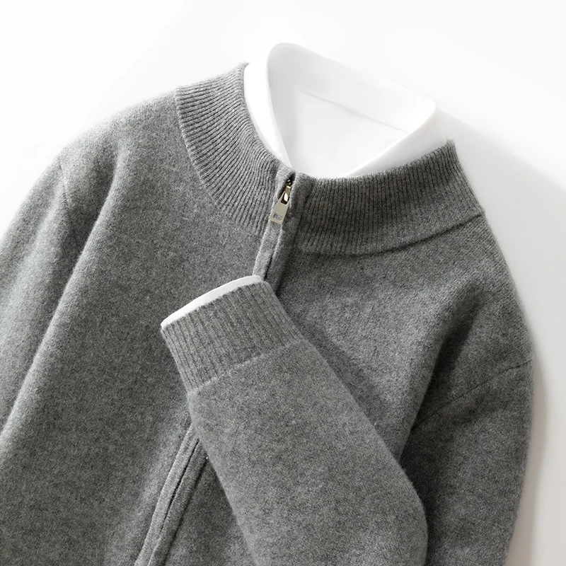 Fall/Winter 100% Pure Wool Zipper Cardigan Men's Semi-High Collar Solid Color Thick Coat Loose Cashmere Sweater Outside