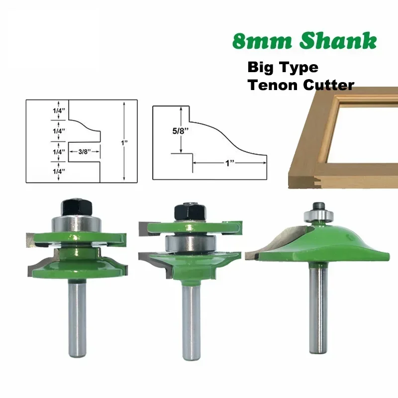 8mm Shank 3pcs Big Cabinet Rail & Stile Tenon Router Bit Set Door Cabinet Panel Raiser Ogee Wood Milling Cutter