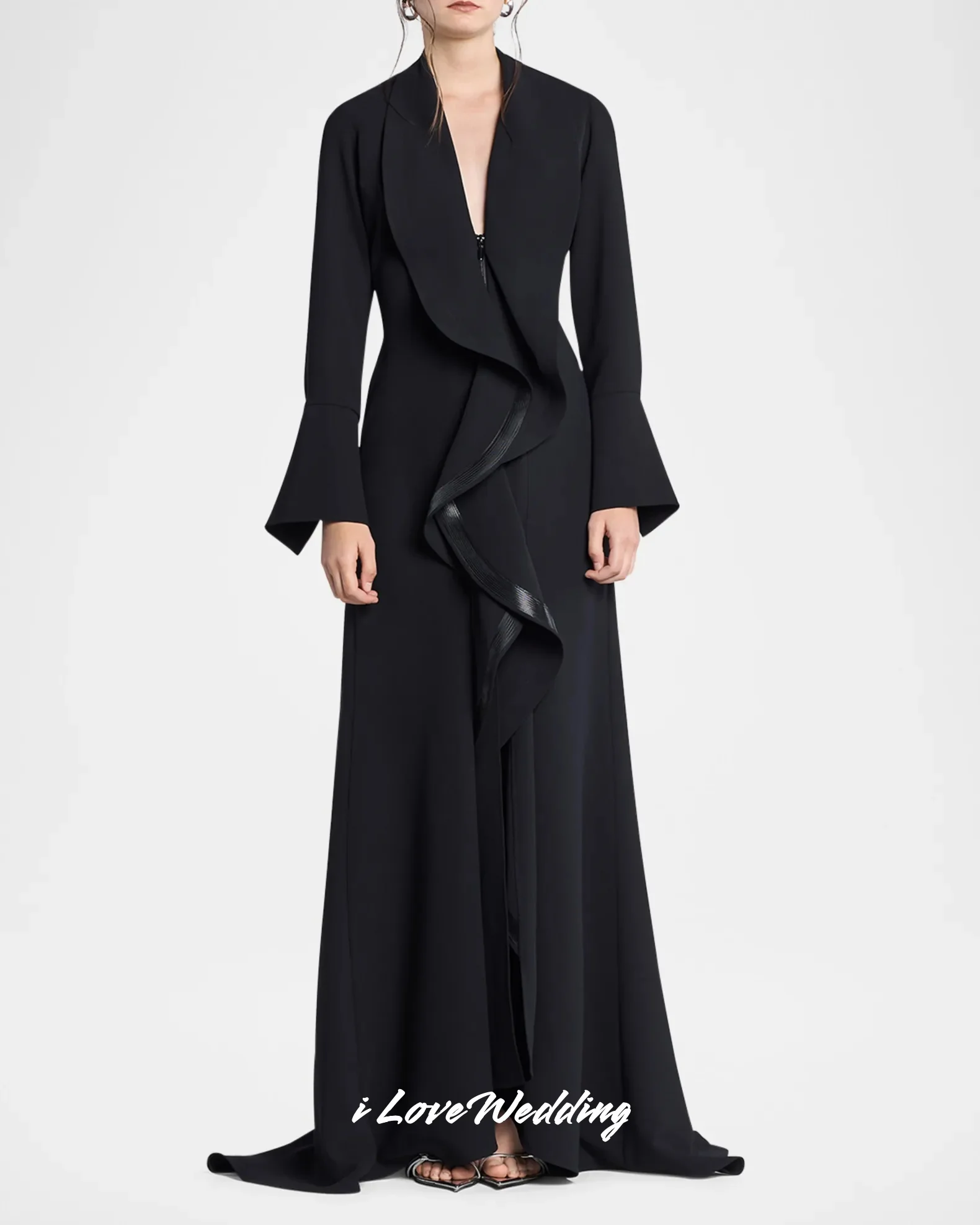 

Black V-Neck Evening Dresses 2025 Satin Long Sleeve A-Line Split Floor-Length Sweep Train Pleated Wedding Party Dress Customized