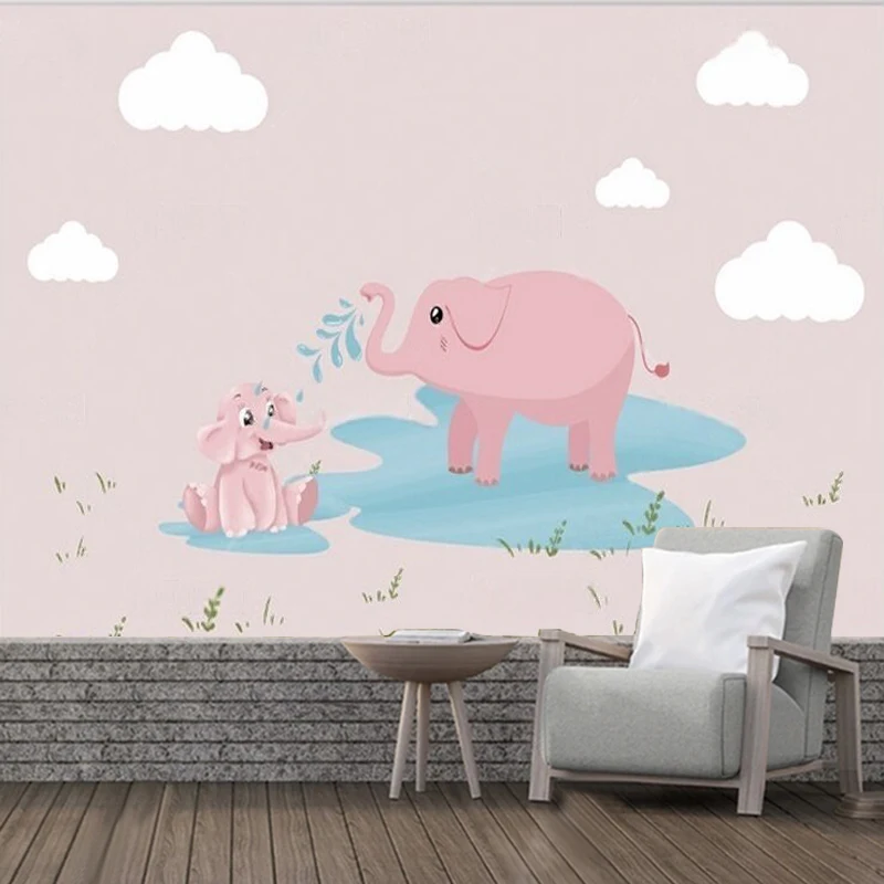 Customized Girl's Wall Painting For The Entire House - Pink Bathing Powder Small Elephant - Cute Children's Room Background Wall