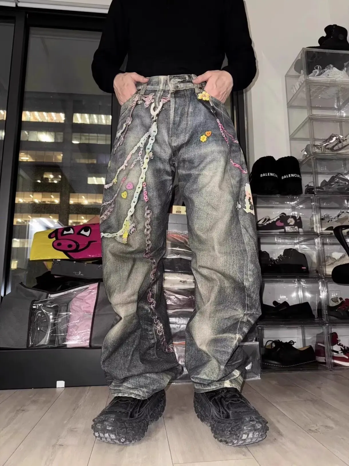 الهيب هوب ثلاثية الأبعاد طباعة سلسلة الدنيم بانت طويل ملابس الشارع الشهير فضفاض الجينز Y2K رجل الملابس الجينز الرجال الجينز فضفاض الزي اليومي