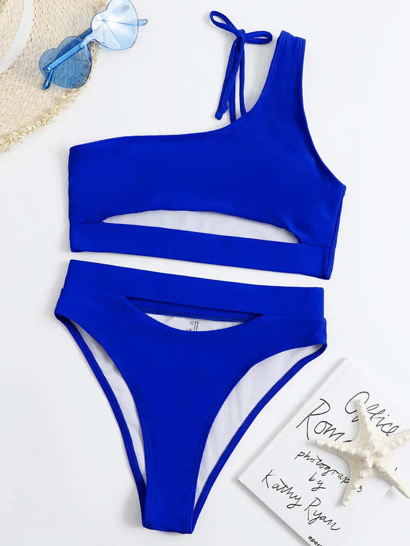 ارتفاع الخصر مجموعة البكيني واحد الكتف ملابس السباحة النسائية 2024 الجوف خارج ملابس السباحة البرازيلي أحمر أسود البيكينيات ملابس الشاطئ ثوب السباحة