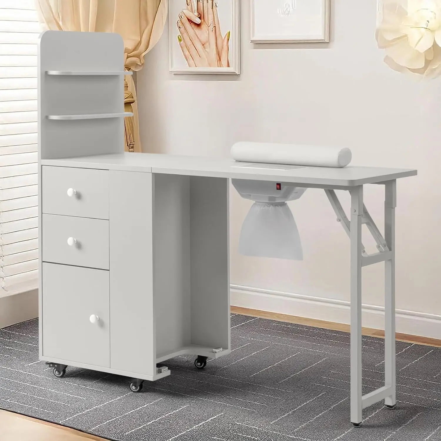 Foldable Manicure Table with Dust Collector, Drawers, Wrist Cushion, Lockable Wheels for Salon Workstation, White, Customized
