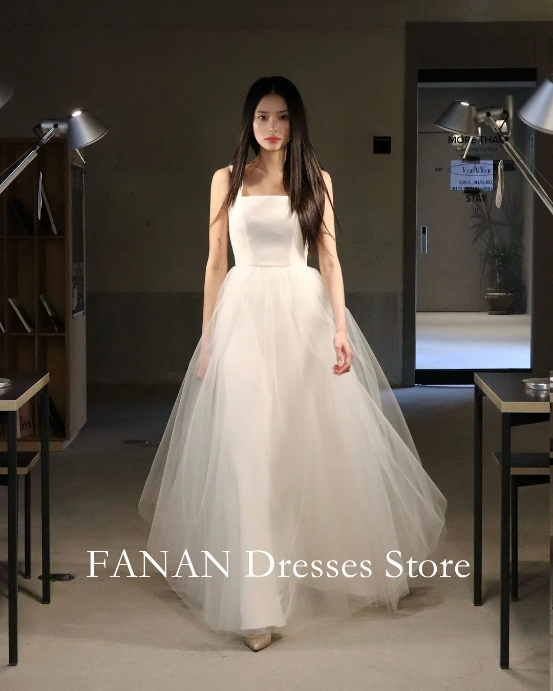 

FANAN Korea Ivory Square Neck Elegant Tulle Wedding Dresses 웨딩드레스 A-Line Sleeveless Custom Made Bride Gowns Plus Size