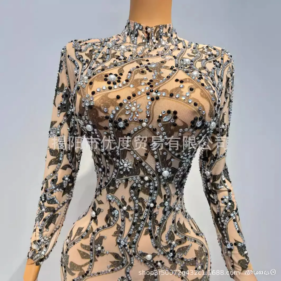 Wild Shiny Glam Perspective Mesh Rhinestone Birthday Dress Cocktail Party Skirt Performance Dress Black Leaf Rhinestone Dresses