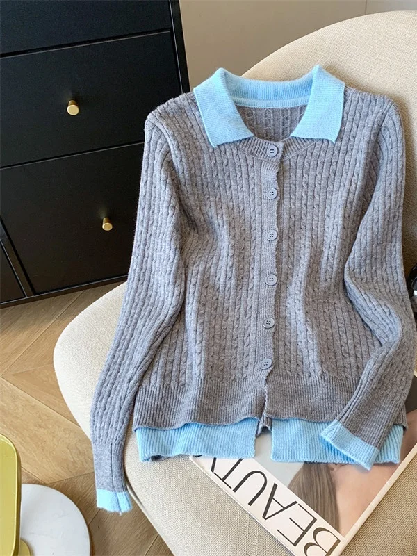 

Корейский женский вязаный свитер большого размера, внутренняя и верхняя одежда, искусственный двухсекционный воротник, повседневный свободный крой, зимний...