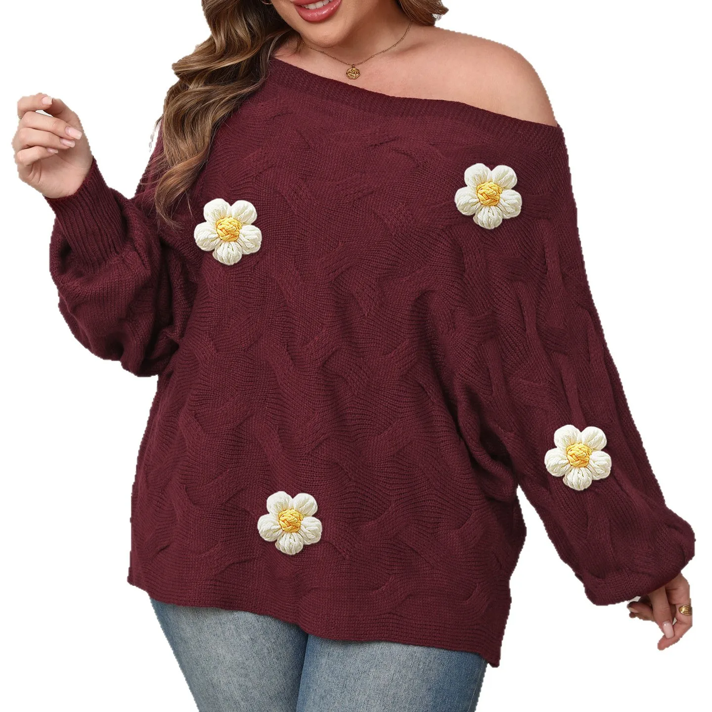 Large Size Women Sexy One Neck Off The Shoulder Irregular Top with Bat Sleeves Loose Sweater