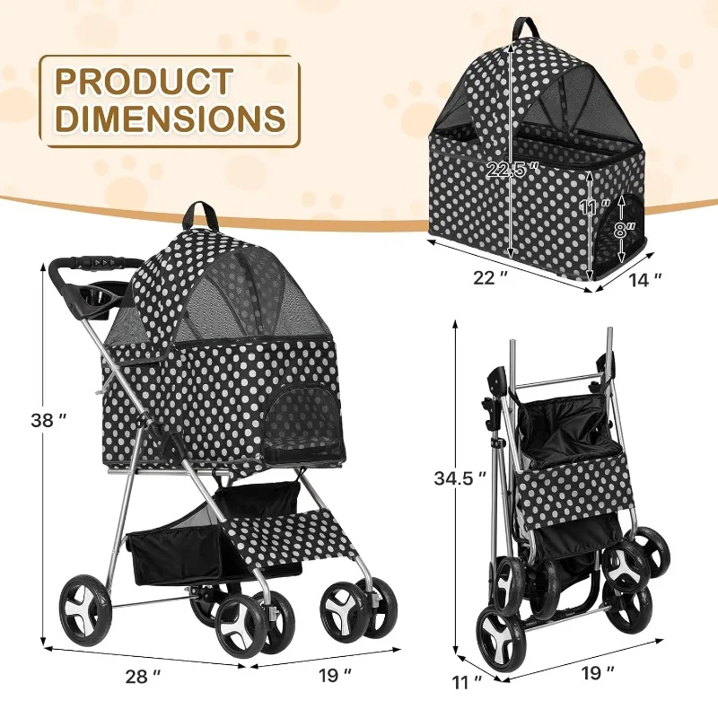Foldable 3-in-1 Pet Stroller for Small & Medium Dogs – Detachable Carrier + Car Seat + Push-Button Entry – Smooth-Rolling 4-Whee view 4